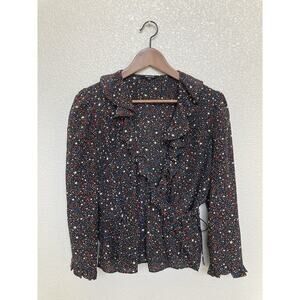 Madewell womens 100% silk star blouse M wrap black ruffle long sleeve patriotic